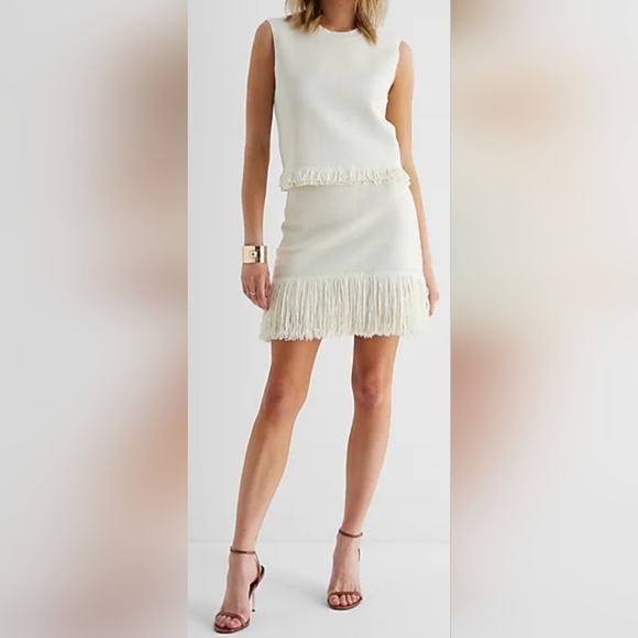 Express Elegant Luxe Ribbed Fringe Set Top+Skirt Stretch Cream Medium New - Picture 14 of 16